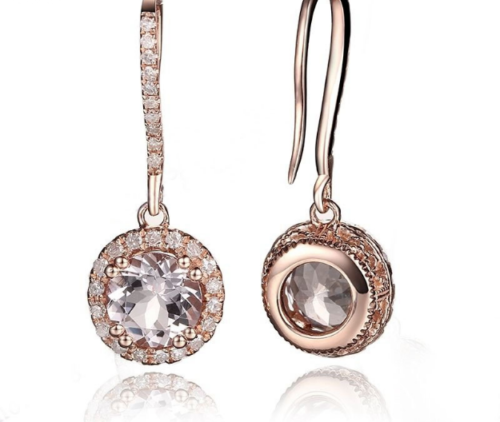 2.50 Ct Round Cut Morganite & CZ Rose Gold Over On 925 Sterling Silver Dangle Halo Earrings