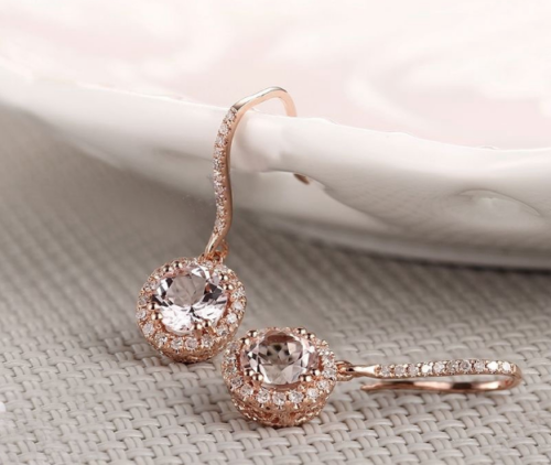 2.50 Ct Round Cut Morganite & CZ Rose Gold Over On 925 Sterling Silver Dangle Halo Earrings