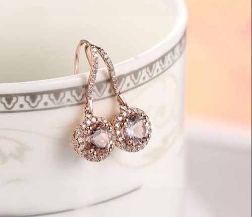 2.50 Ct Round Cut Morganite & CZ Rose Gold Over On 925 Sterling Silver Dangle Halo Earrings