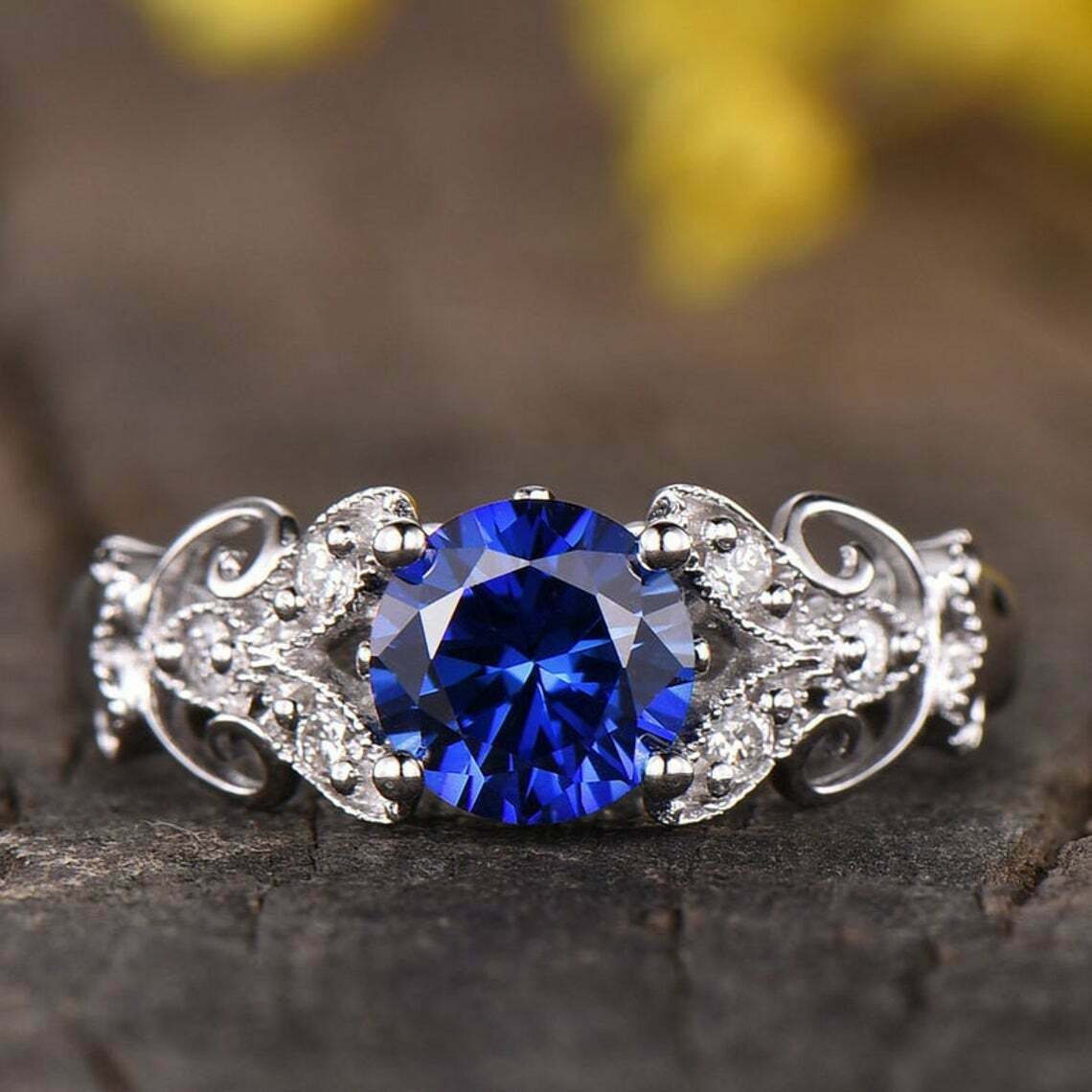 3 Ct Round Cut Blue Sapphire Solitaire W/Accents Woman's Ring 925 Sterling Silver