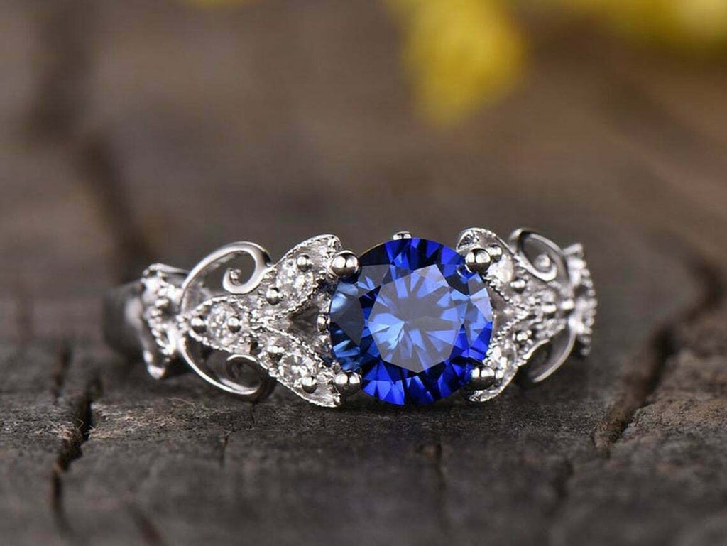 3 Ct Round Cut Blue Sapphire Solitaire W/Accents Woman's Ring 925 Sterling Silver