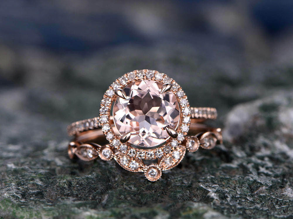 2.50 Ct Round Cut Peach Morganite Halo Bridal Set Engagement Ring 925 Sterling Silver