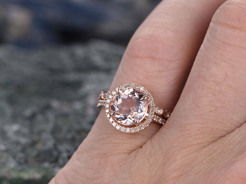 2.50 Ct Round Cut Peach Morganite Halo Bridal Set Engagement Ring 925 Sterling Silver