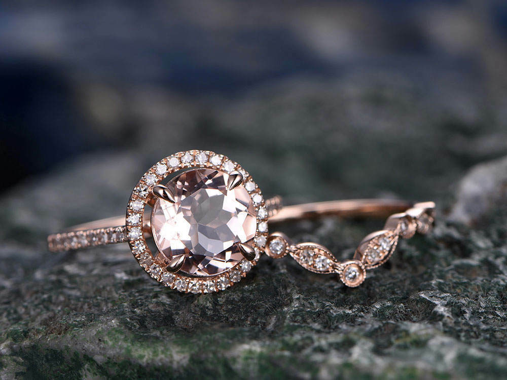 2.50 Ct Round Cut Peach Morganite Halo Bridal Set Engagement Ring 925 Sterling Silver
