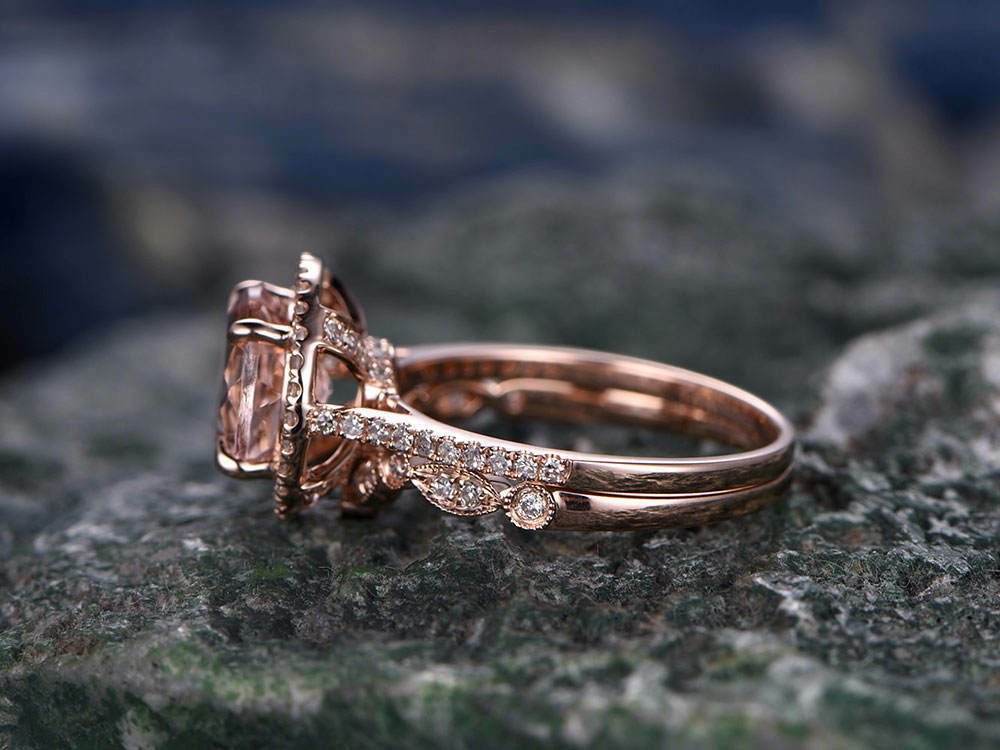 2.50 Ct Round Cut Peach Morganite Halo Bridal Set Engagement Ring 925 Sterling Silver
