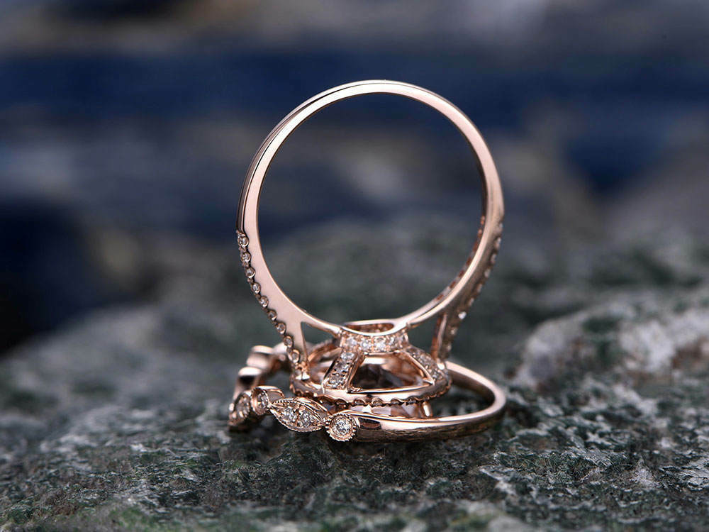 2.50 Ct Round Cut Peach Morganite Halo Bridal Set Engagement Ring 925 Sterling Silver