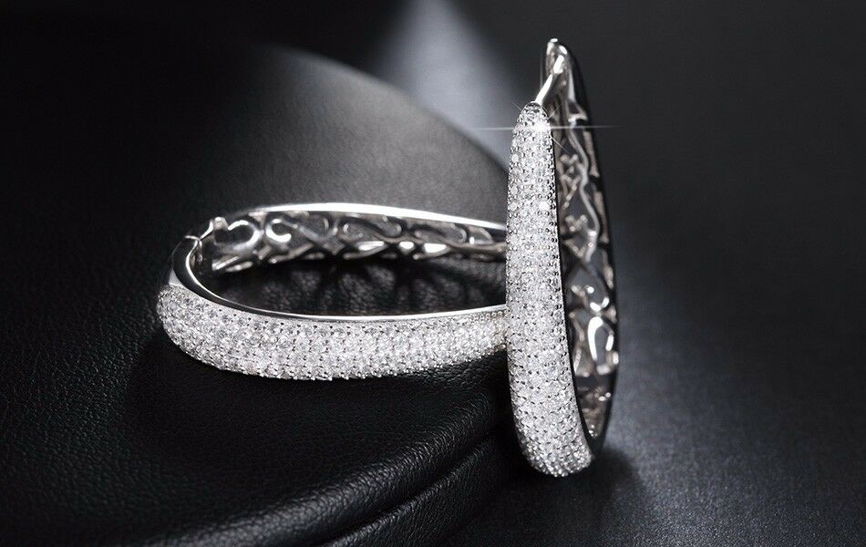 1.70 CT Round Cut Diamond Cluster Wedding Party Hoop Earrings In 925 Sterling Silver