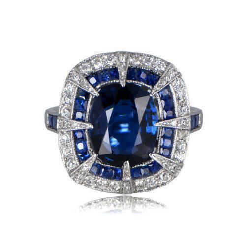 4.00 Ct Cushion Cut Blue Sapphire 14K White Gold Over On 925 Sterling Silver Double Halo Ring