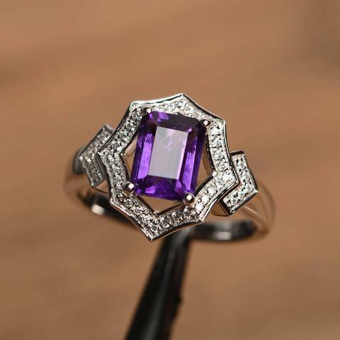 4.00 Ct Emerald Cut Amethyst 14K White Gold Over On 925 Sterling Silver Halo Engagement Ring
