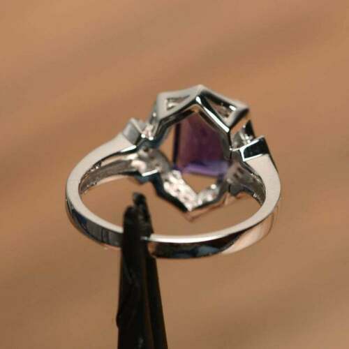 4.00 Ct Emerald Cut Amethyst 14K White Gold Over On 925 Sterling Silver Halo Engagement Ring