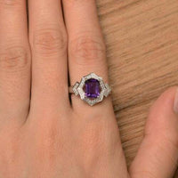 4.00 Ct Emerald Cut Amethyst 14K White Gold Over On 925 Sterling Silver Halo Engagement Ring