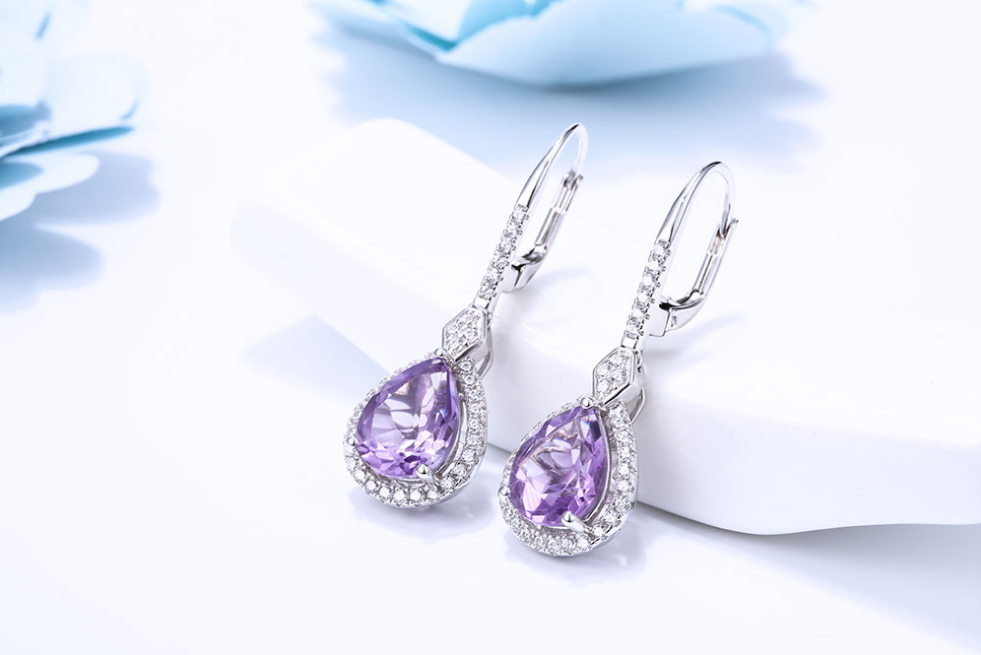 3.25 Ct Pear Cut Purple Amethyst 925 Sterling Silver Lever Back Drop/Dangle Earrings