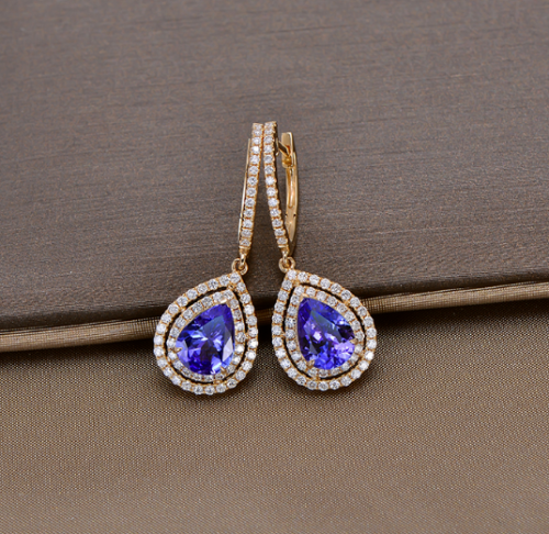 Ct Pear Cut Blue Tanzanite Double Halo Drop/Dangle Earrings In 925 Sterling Silver