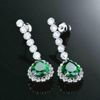 4.50 Ct Pear Cut Green Emerald & Round CZ Drop/Dangle Earrings In 925 Sterling Silver