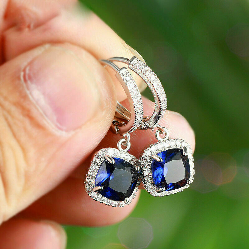 Ct Cushion Cut Blue Sapphire 925 Sterling Silver Halo Dangle Earrings