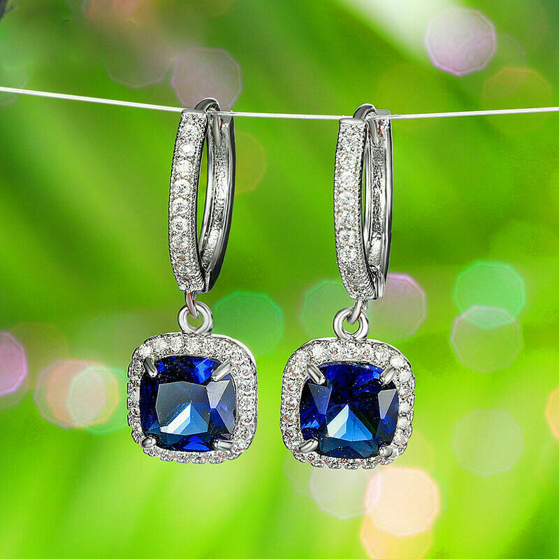 2.50 Ct Cushion Cut Blue Sapphire 925 Sterling Silver Halo Dangle Earrings