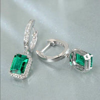 3.50 Ct Emerald Cut Green Emerald Halo Drop/Dangle Earrings In 925 Sterling Silver