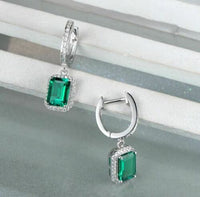 3.50 Ct Emerald Cut Green Emerald Halo Drop/Dangle Earrings In 925 Sterling Silver