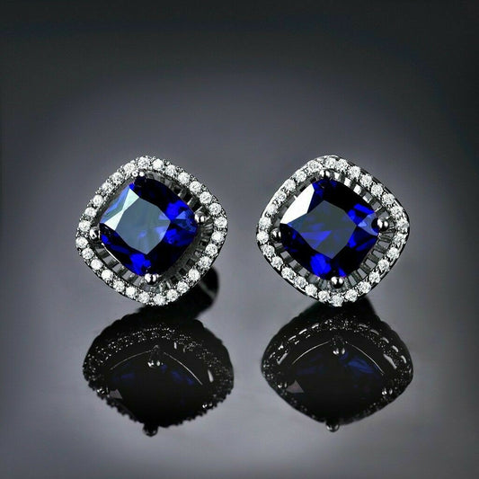 2 Ct Cushion Brilliant Cut Blue Sapphire Halo Stud Earrings 925 Sterling Silver