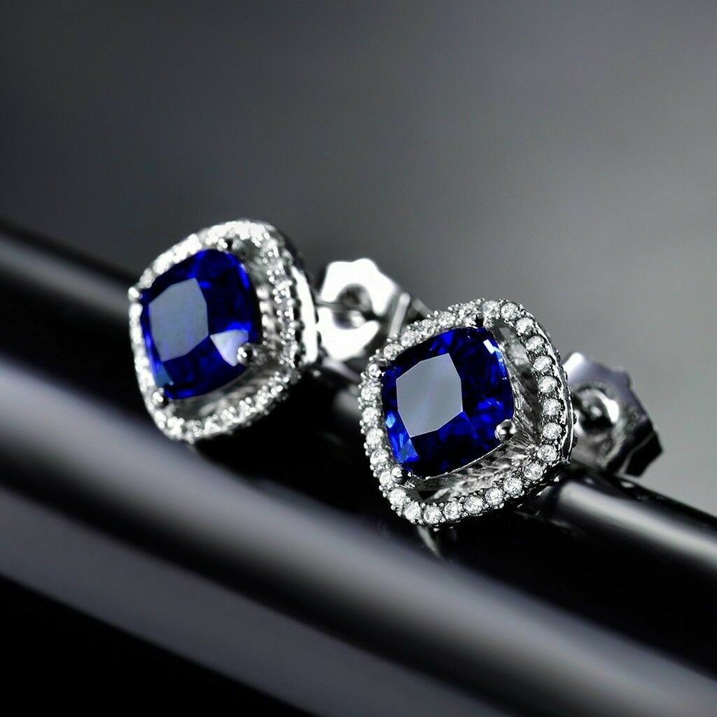 2 Ct Cushion Brilliant Cut Blue Sapphire Halo Stud Earrings 925 Sterling Silver
