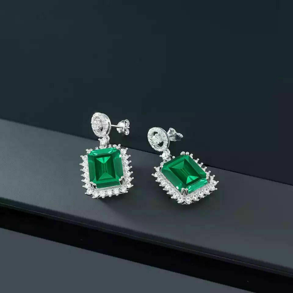 3.50 Ct Emerald Cut Green Emerald 925 Sterling Silver Halo Engagement Earrings