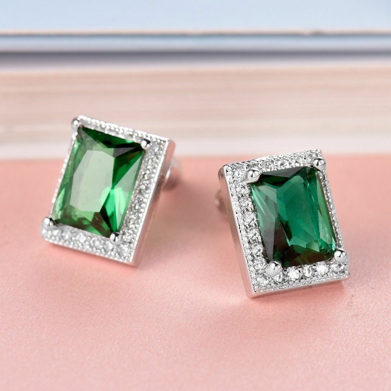 3.50 Ct Emerald Cut Green Emerald 925 Sterling Silver Halo Engagement Wedding Stud Earrings