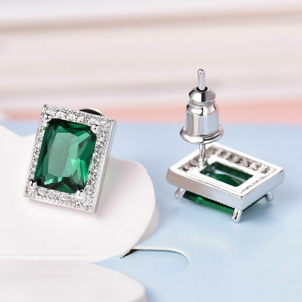 3.50 Ct Emerald Cut Green Emerald 925 Sterling Silver Halo Engagement Wedding Stud Earrings