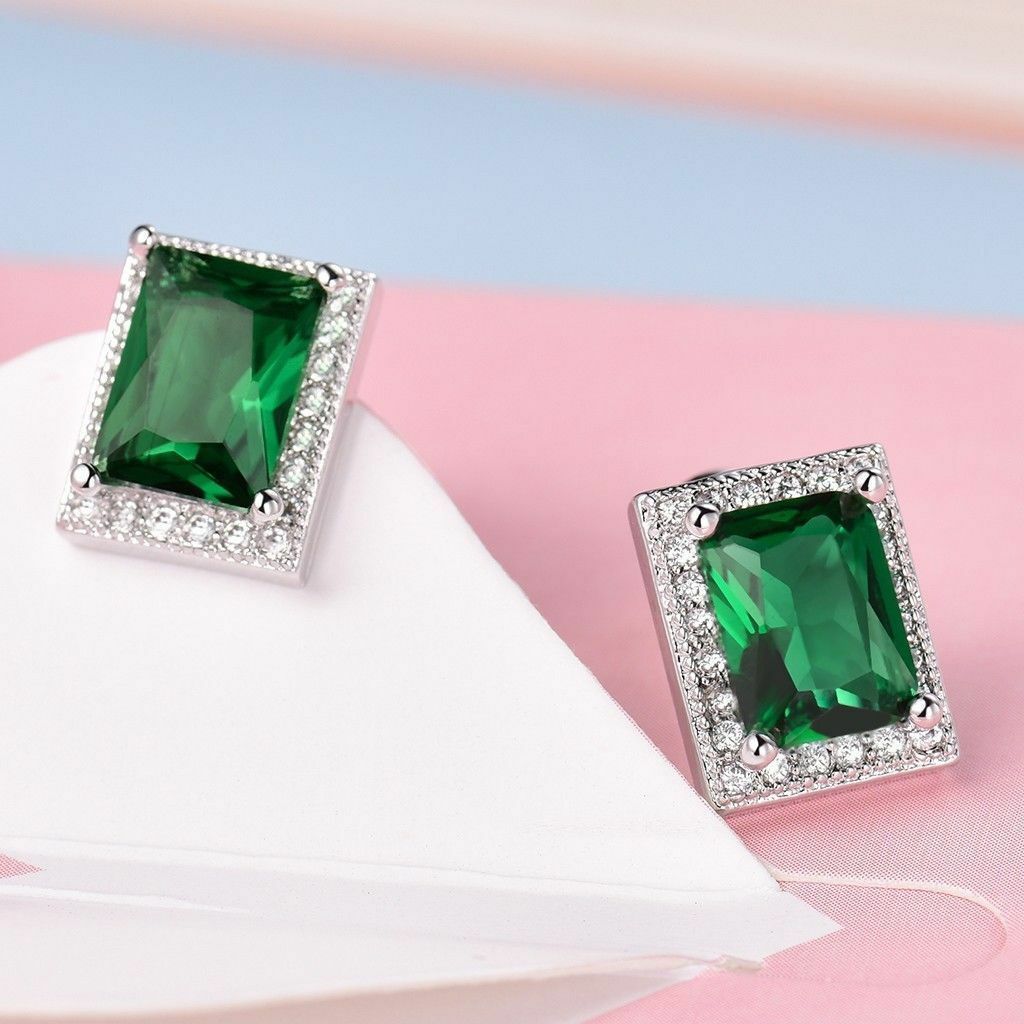 3.50 Ct Emerald Cut Green Emerald 925 Sterling Silver Halo Engagement Wedding Stud Earrings