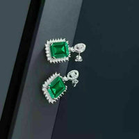 3.50 CT Emerald Cut Green Emerald Gorgeous Halo Dangle Earrings In 925 Sterling Silver