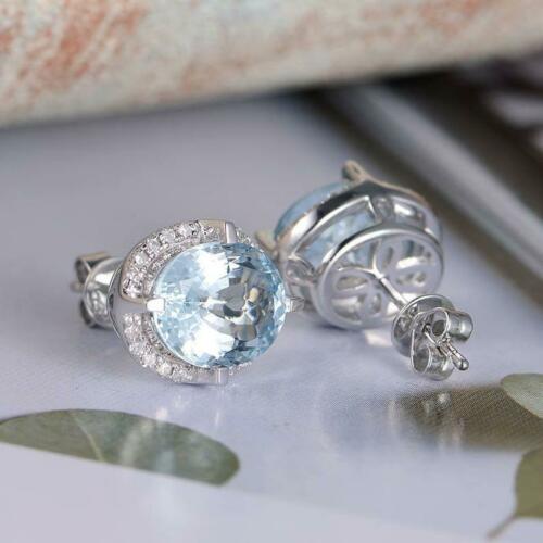 925 Sterling Silver 3 CT Oval Cut Aquamarine Diamond Halo Engagement Stud Earrings