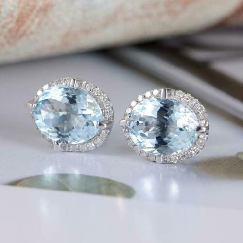 925 Sterling Silver 3 CT Oval Cut Aquamarine Diamond Halo Engagement Stud Earrings