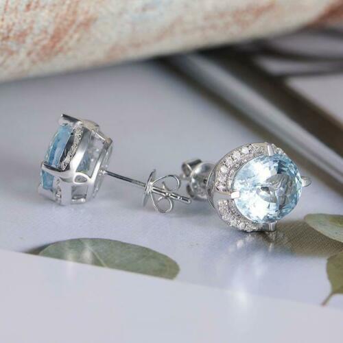 925 Sterling Silver 3 CT Oval Cut Aquamarine Diamond Halo Engagement Stud Earrings