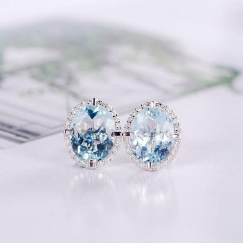 925 Sterling Silver 3 CT Oval Cut Aquamarine Diamond Halo Engagement Stud Earrings