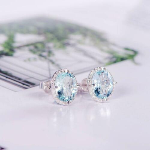 925 Sterling Silver 3 CT Oval Cut Aquamarine Diamond Halo Engagement Stud Earrings