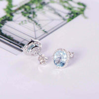 925 Sterling Silver 3 CT Oval Cut Aquamarine Diamond Halo Engagement Stud Earrings