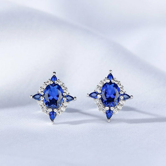 2 Ct Oval Cut Blue Sapphire Push Back Halo Stud Earrings 925 Sterling Silver - atjewels.in