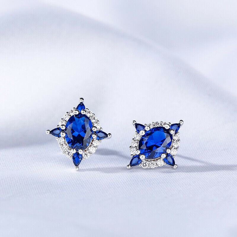 2 Ct Oval Cut Blue Sapphire Push Back Halo Stud Earrings 925 Sterling Silver - atjewels.in