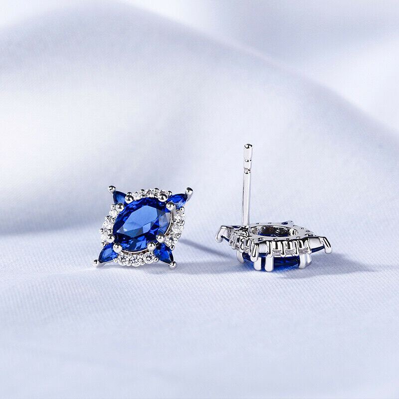 2 Ct Oval Cut Blue Sapphire Push Back Halo Stud Earrings 925 Sterling Silver - atjewels.in