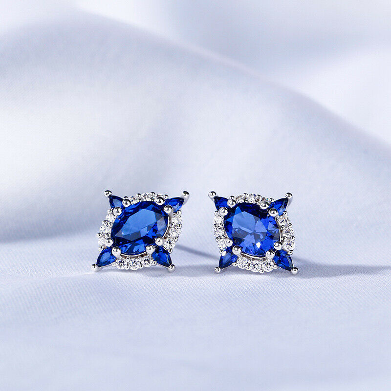 2 Ct Oval Cut Blue Sapphire Push Back Halo Stud Earrings 925 Sterling Silver - atjewels.in