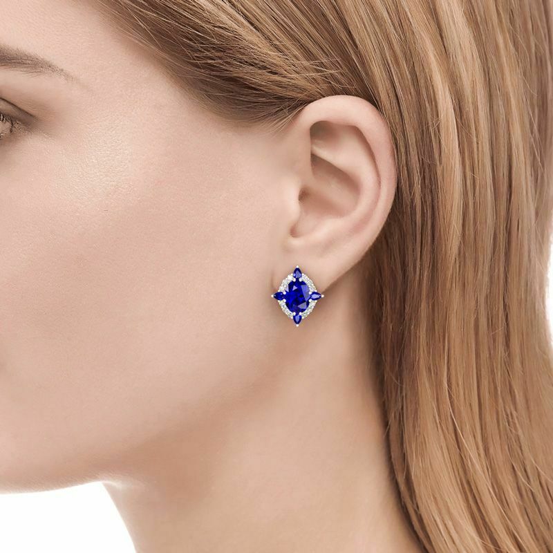 2 Ct Oval Cut Blue Sapphire Push Back Halo Stud Earrings 925 Sterling Silver - atjewels.in