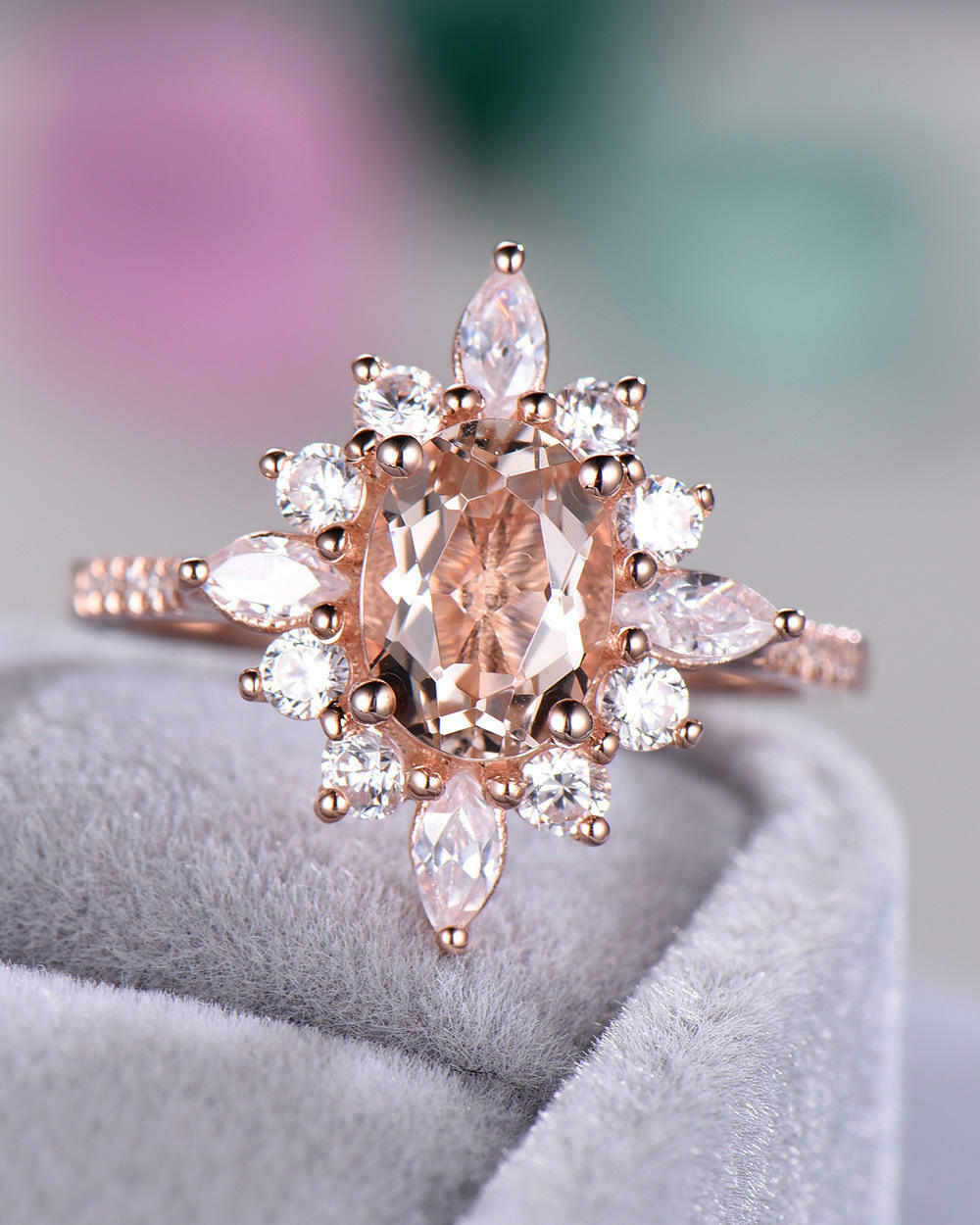 2.75 Ct Oval Cut Peach Morganite Sunburst Halo Engagement Ring In Rose Gold Over on 925 Sterling Silver