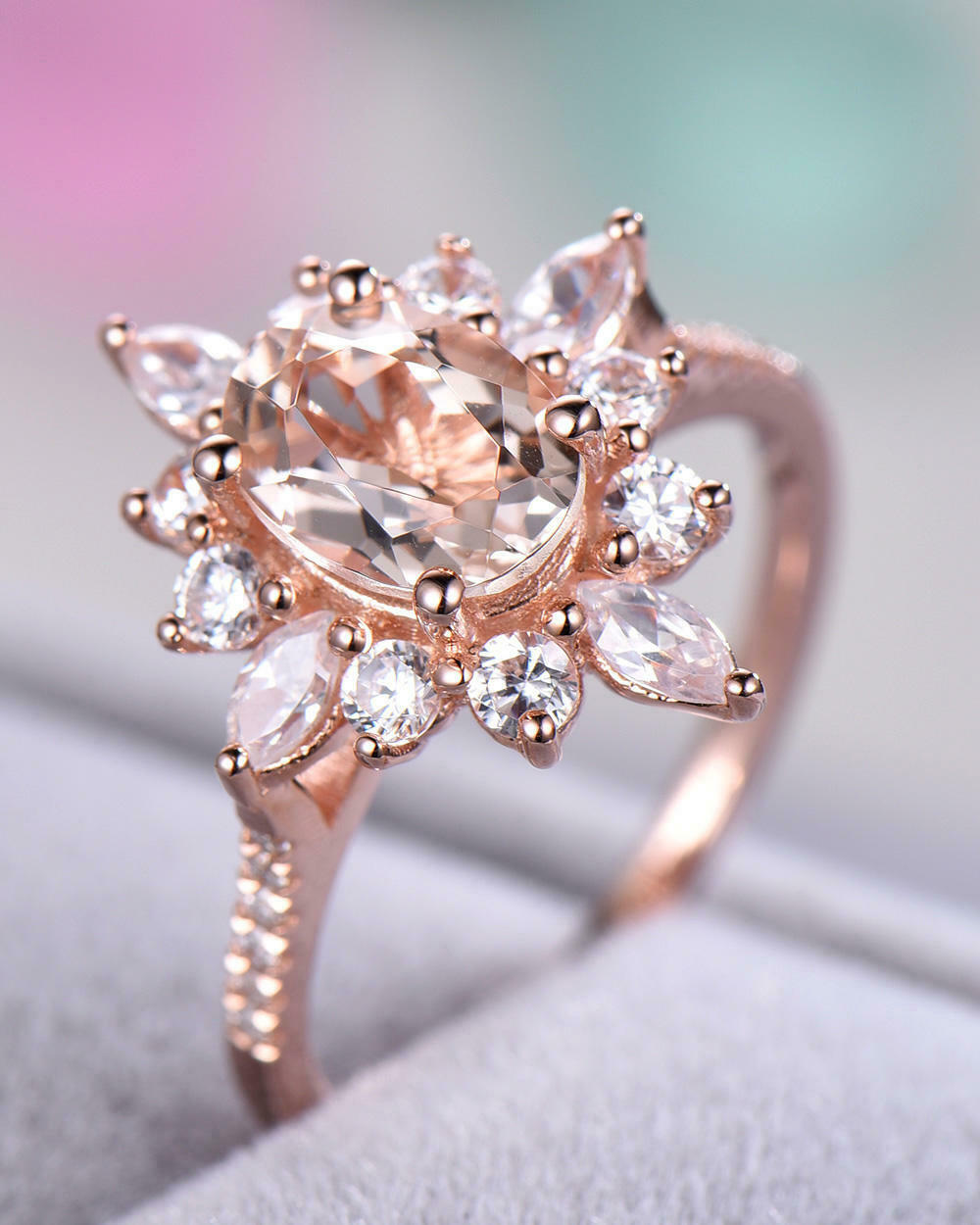 2.75 Ct Oval Cut Peach Morganite Sunburst Halo Engagement Ring In Rose Gold Over on 925 Sterling Silver