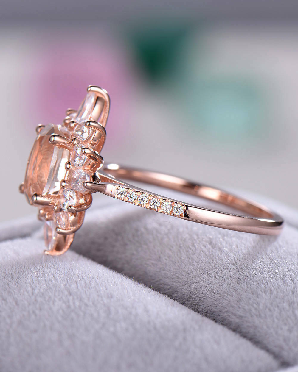 2.75 Ct Oval Cut Peach Morganite Sunburst Halo Engagement Ring In Rose Gold Over on 925 Sterling Silver