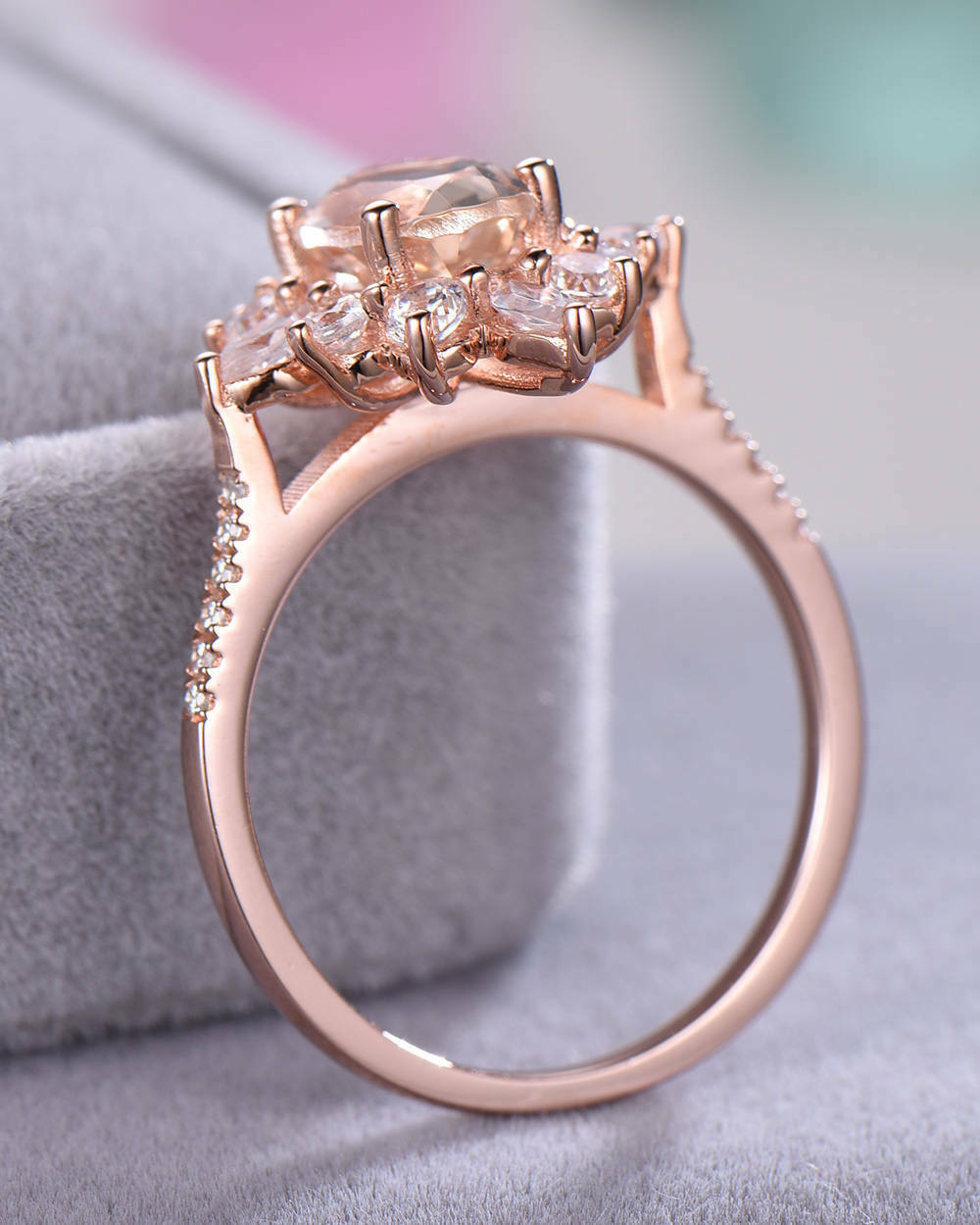2.75 Ct Oval Cut Peach Morganite Sunburst Halo Engagement Ring In Rose Gold Over on 925 Sterling Silver