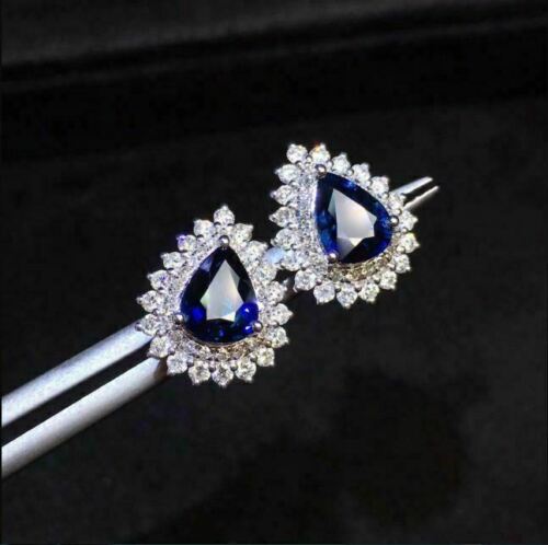 2 Ct Pear Cut Blue Sapphire 925 Sterling Silver Double Halo Push Stud Earrings