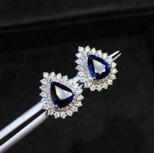 2 Ct Pear Cut Blue Sapphire 925 Sterling Silver Double Halo Push Stud Earrings