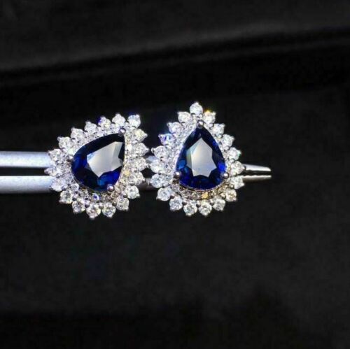 2 Ct Pear Cut Blue Sapphire 925 Sterling Silver Double Halo Push Stud Earrings
