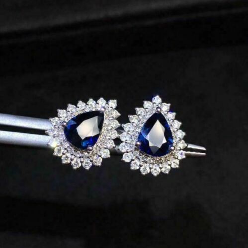 2 Ct Pear Cut Blue Sapphire 925 Sterling Silver Double Halo Push Stud Earrings