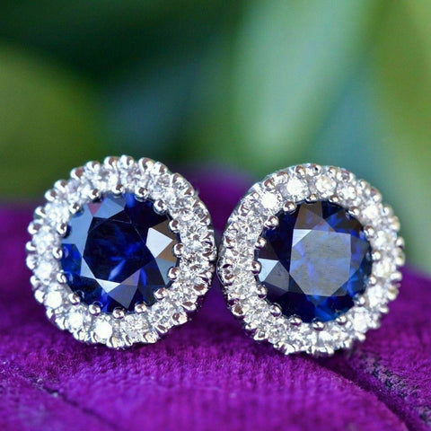 2.50 Ct Round Cut Blue Sapphire 925 Sterling Silver Halo Anniversary Stud Earrings Gift For Her