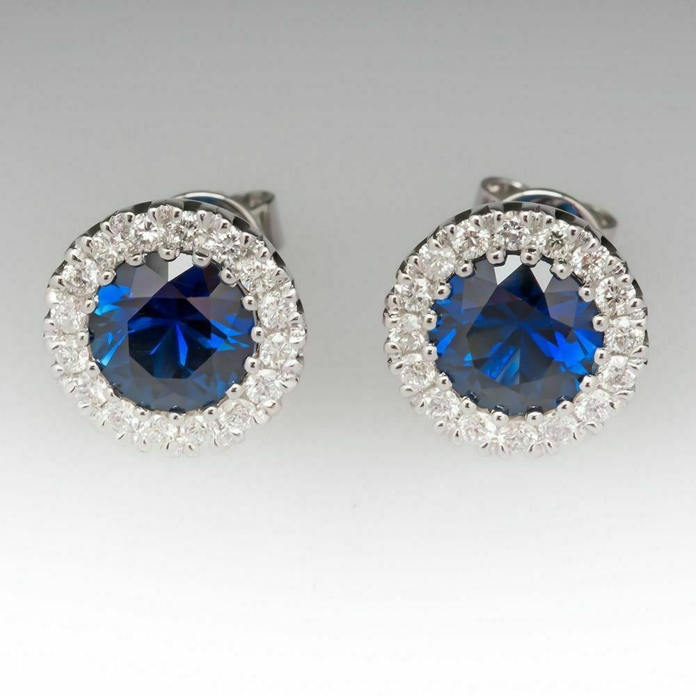 2.50 Ct Round Cut Blue Sapphire 925 Sterling Silver Halo Anniversary Stud Earrings Gift For Her
